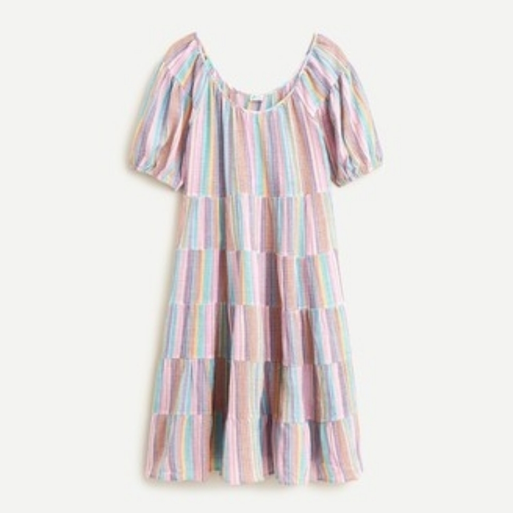 j crew puff-sleeve dress in pastel stripe